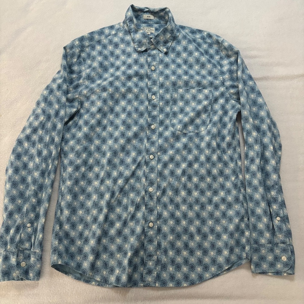 J.Crew Mens Slim Secret Wash Stretch Shirt Blue Sunburst Print Medium M